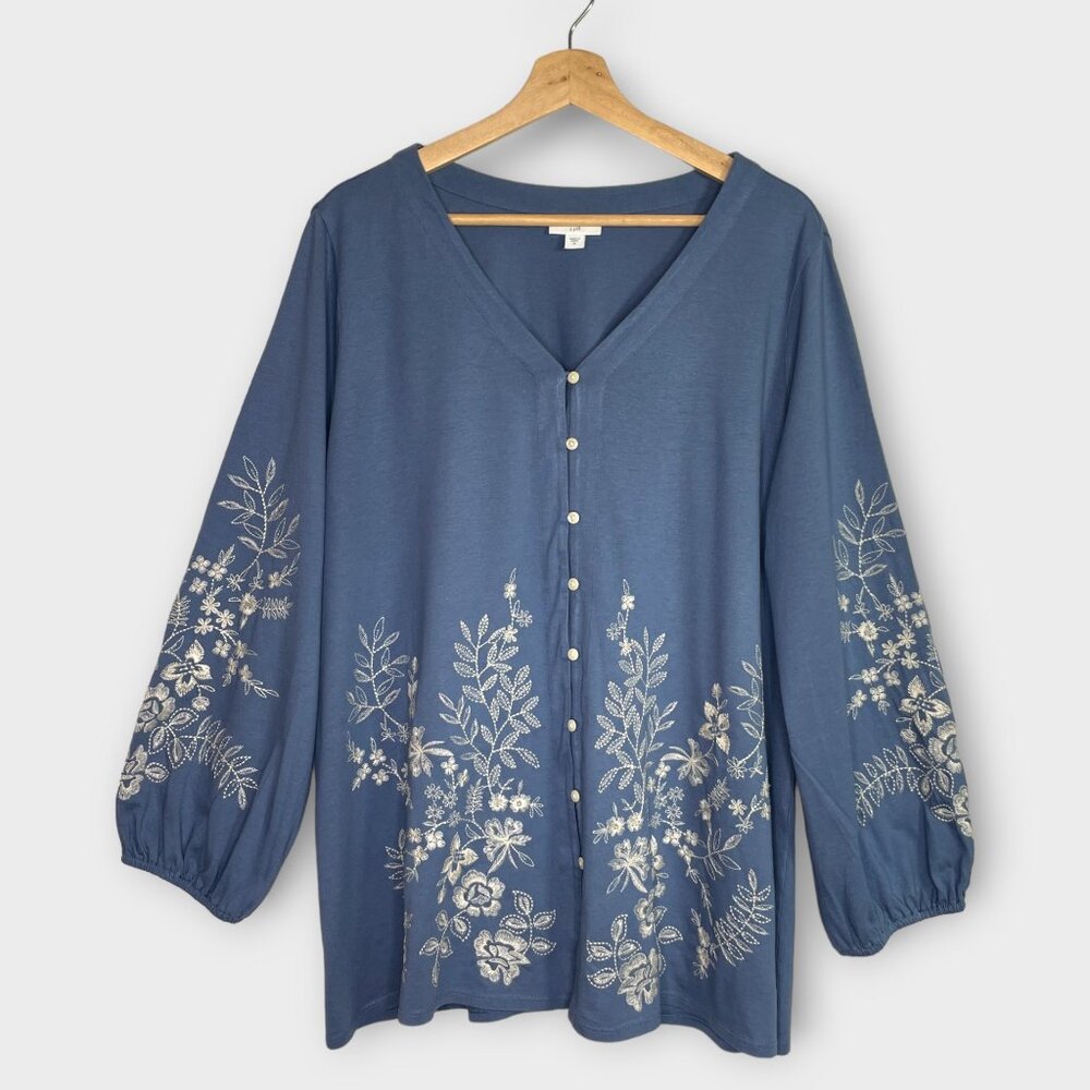 J Jill Floral Expressions V-Neck Button Up Embroidered Tunic Size XL